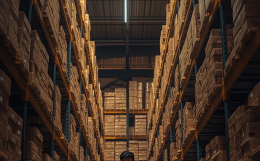 Trabajador de distribuidora revisando pedidos en bodega
