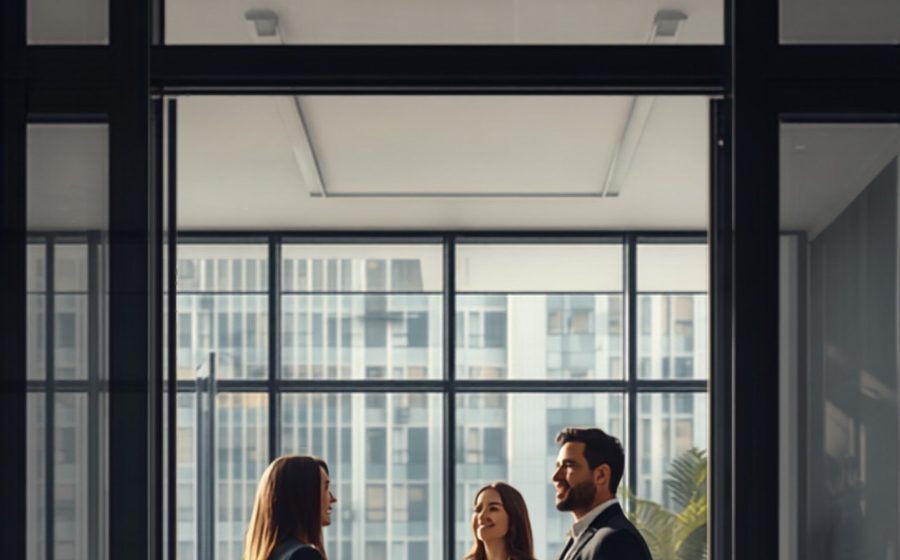 Agente inmobiliaria mostrando un departamento a una pareja